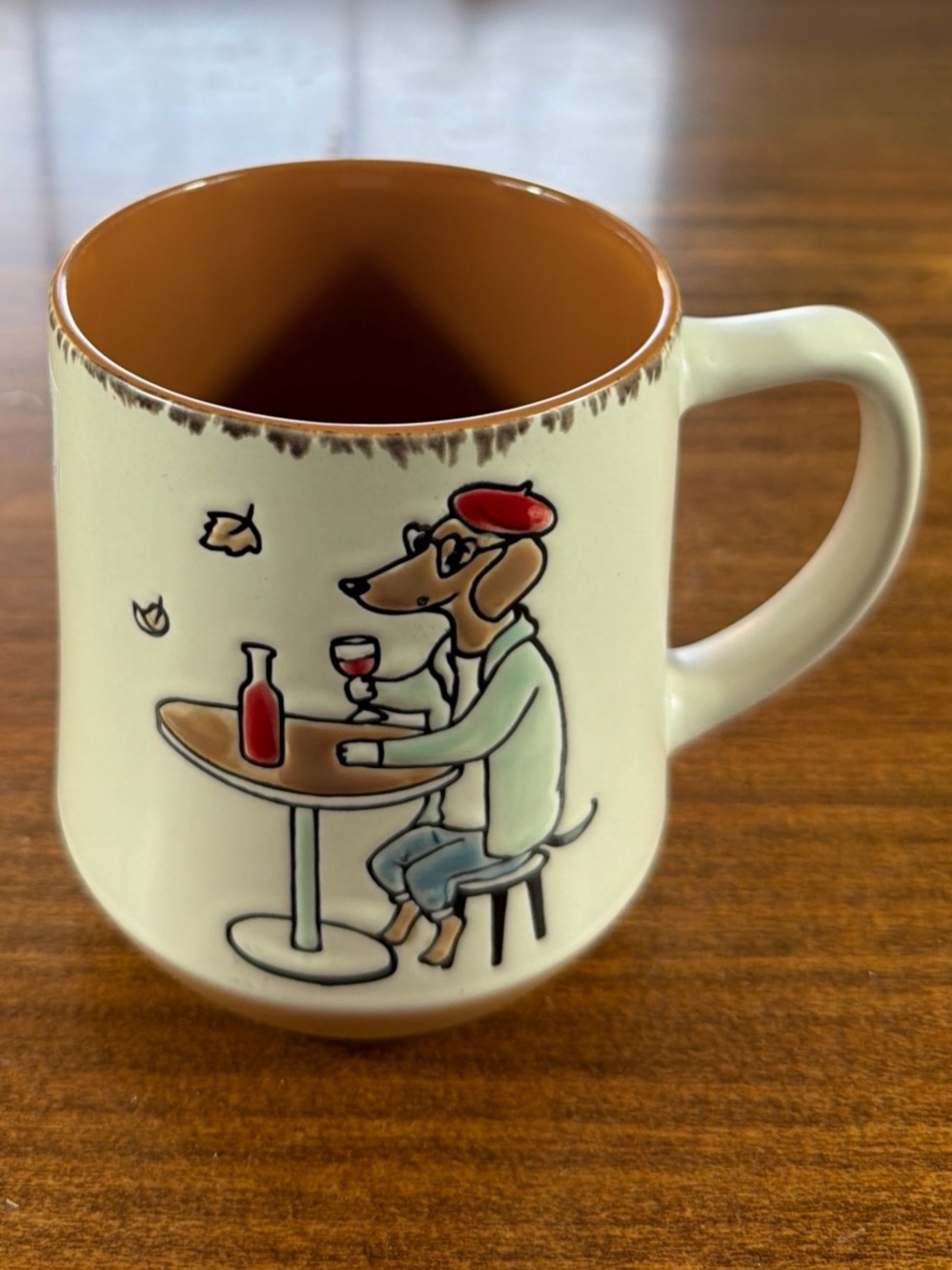 NEW Ceramic Dining Mug with Weenie Dog Wine Design - Cream and Brown